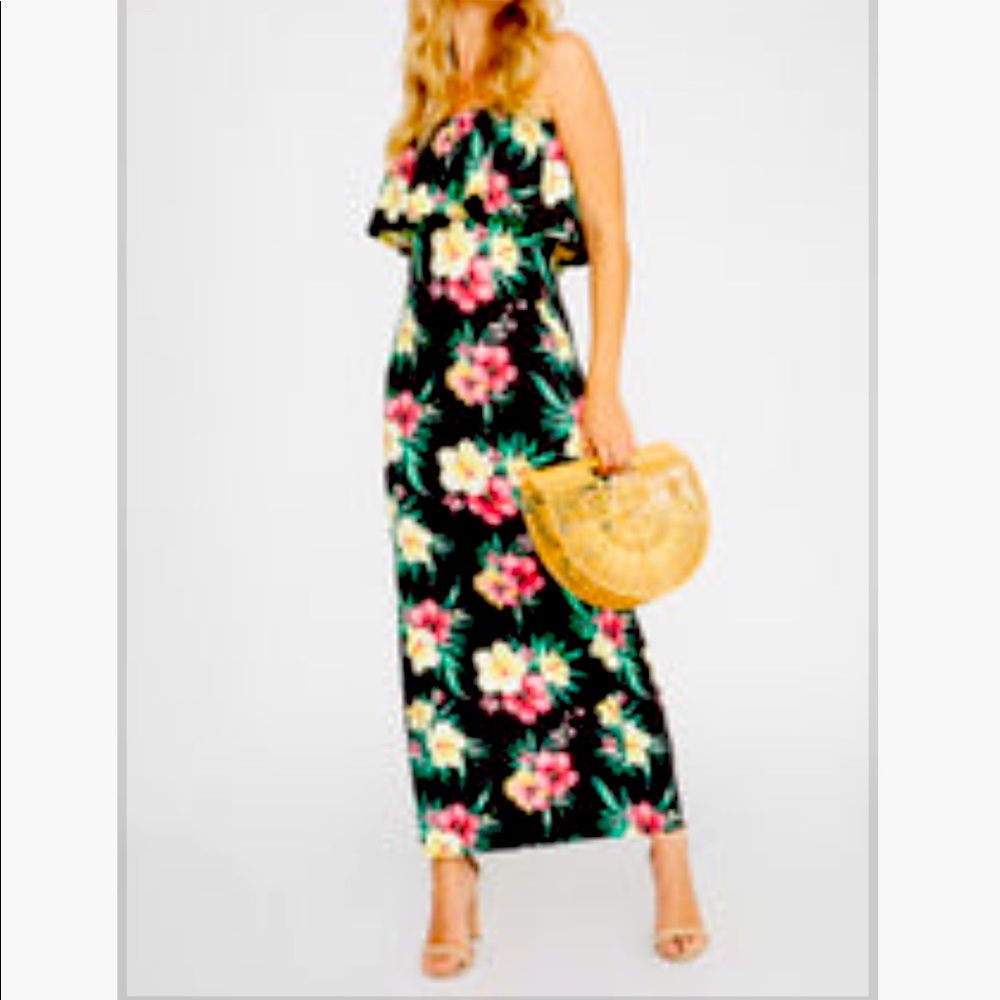 Floral Printed Strapless Ruffle Tube Side Slit Maxi Dress